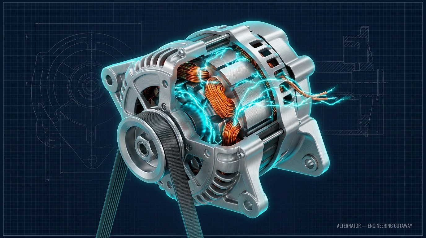 Photorealistic 3D cutaway of an alternator showing its copper windings and rotor, with glowing traces of electricity flowing out through the wiring harness