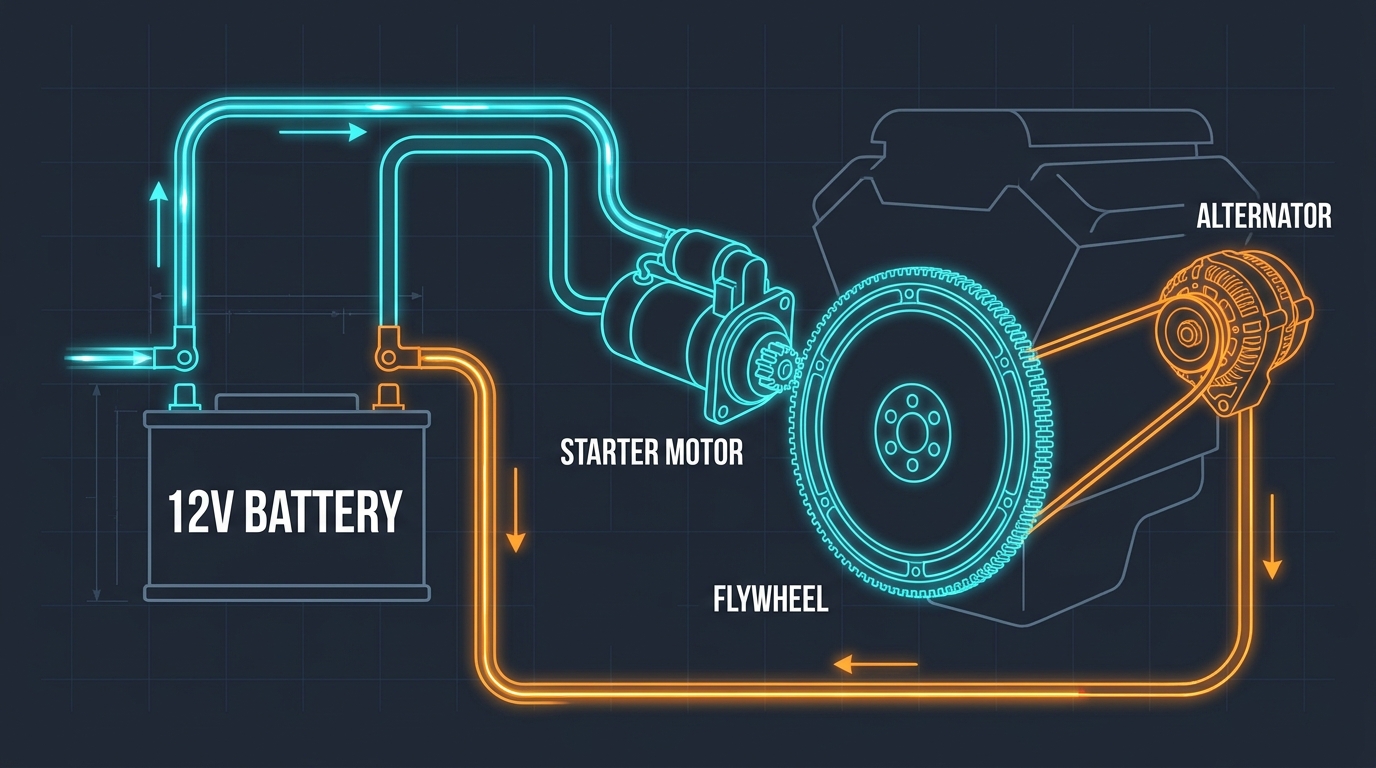 Labeled technical diagram of a car's starting and charging circuit — battery, starter motor meshing with the flywheel, and alternator feeding power back through the wiring