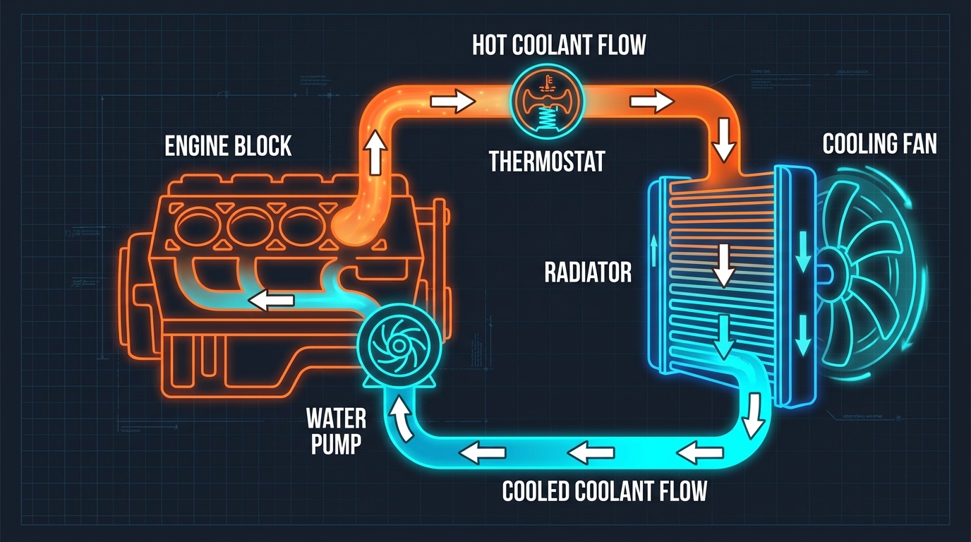 Labeled technical diagram of an engine's coolant loop — hot coolant flowing from the engine block through the thermostat to the radiator, and cool coolant returning via the water pump