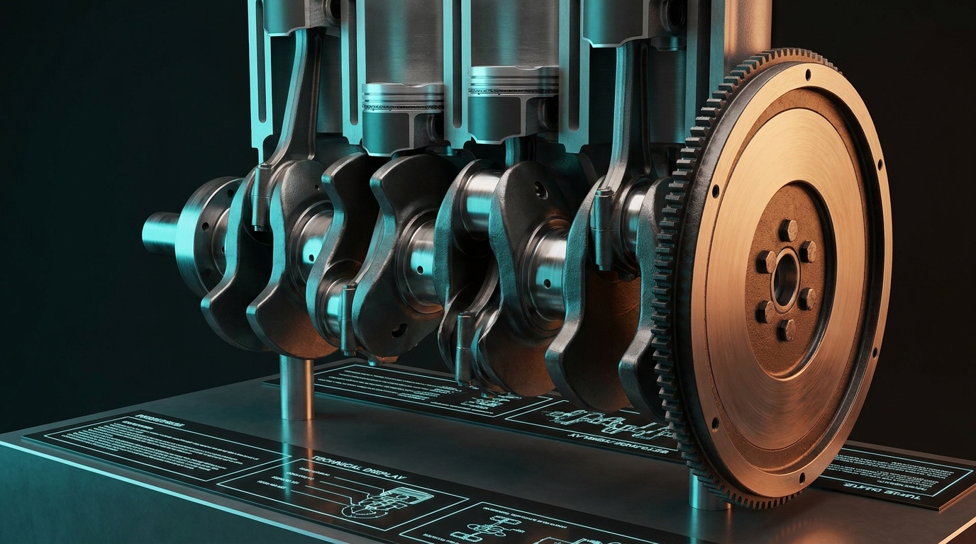 3D cutaway illustration of a crankshaft and flywheel assembly connected to multiple pistons via connecting rods, showing how linear piston movement converts into rotational force