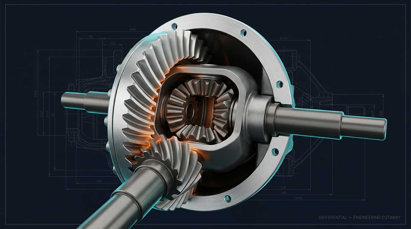 Photorealistic 3D cutaway of an open differential showing the ring gear and small spider gears that allow the left and right axles to spin at different speeds