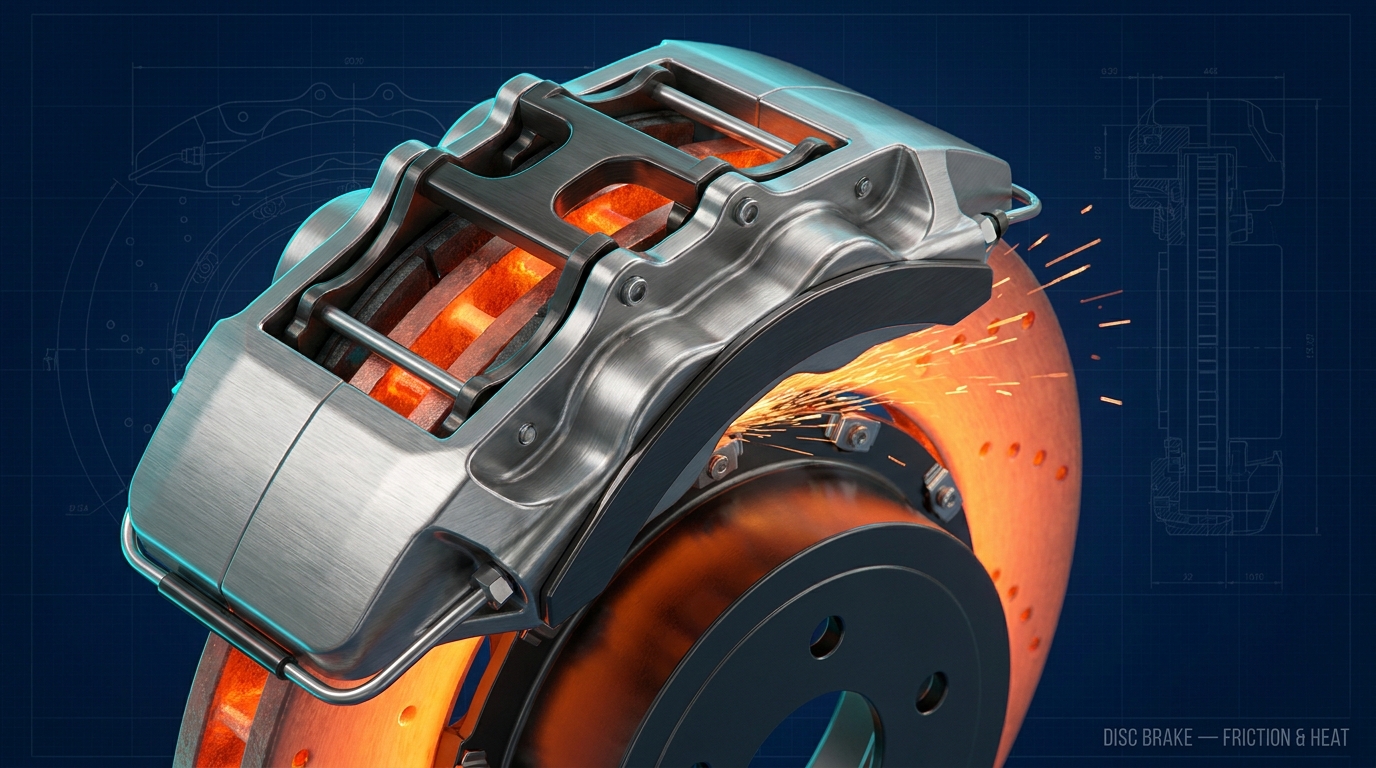 Photorealistic close-up of a disc brake assembly, with the caliper squeezing pads against a glowing hot rotor
