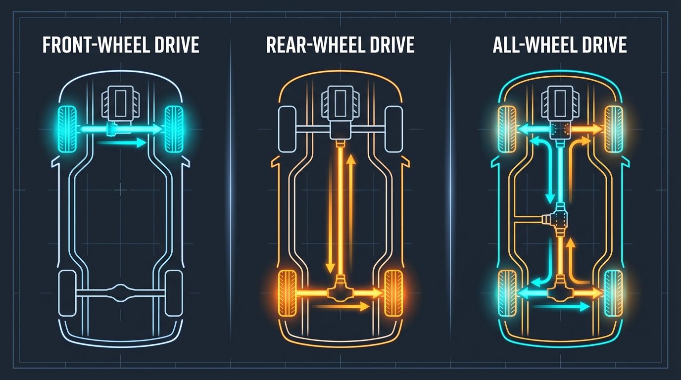 Labeled top-down diagram comparing front-wheel drive, rear-wheel drive, and all-wheel drive layouts, with the powered wheels and driveshafts highlighted