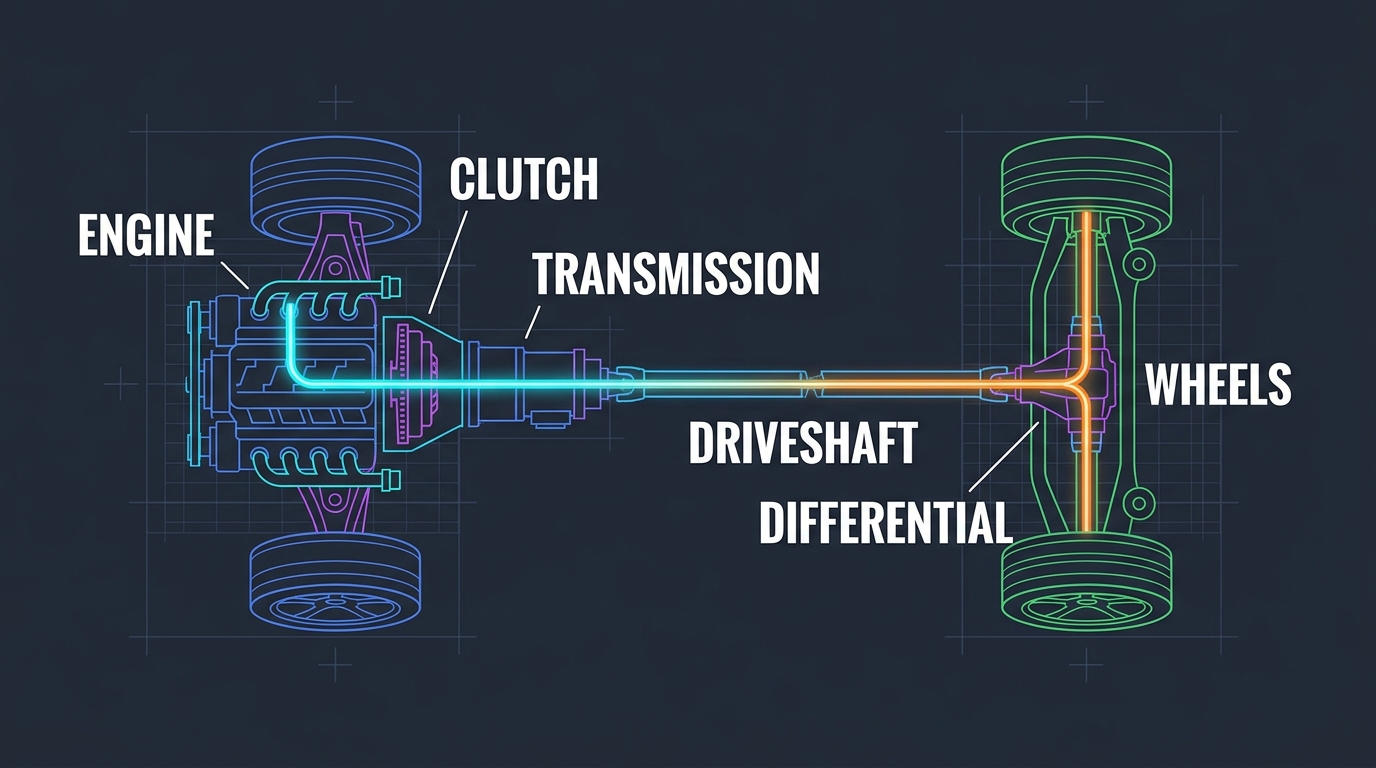Labeled technical diagram of a car drivetrain showing power flowing from the engine through the clutch, transmission, and driveshaft to the differential and rear wheels