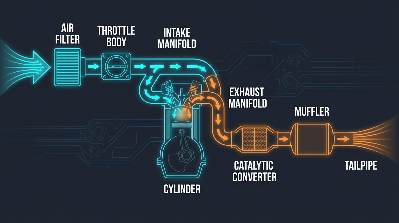 Labeled technical diagram showing the complete airflow path through an engine — air filter, throttle body, intake manifold, cylinder, exhaust manifold, catalytic converter, muffler, and tailpipe