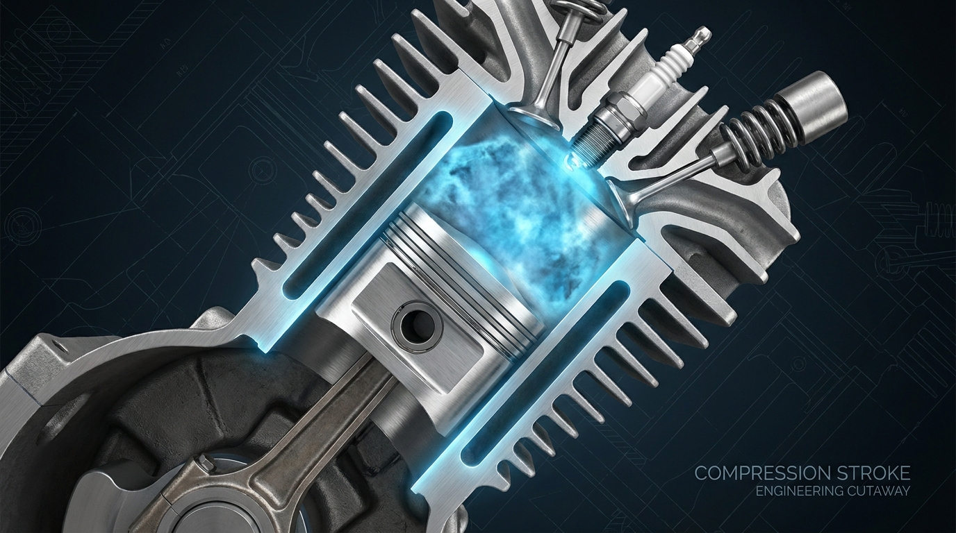 Technical cross-section illustration of an engine cylinder showing a piston mid-compression stroke, with the air-fuel mixture highlighted and the spark plug visible at the top of the combustion chamber