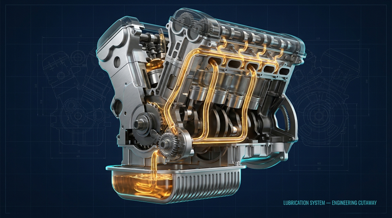 Technical cutaway illustration of an engine's lubrication system, showing golden oil being pumped from the oil pan up through internal passages to the crankshaft and camshaft