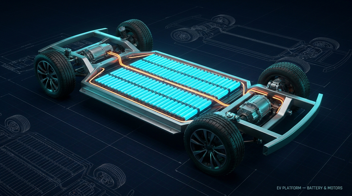 Photorealistic render of an electric vehicle skateboard chassis — a flat battery pack spanning the floor between the wheels, with compact electric motors at the axles