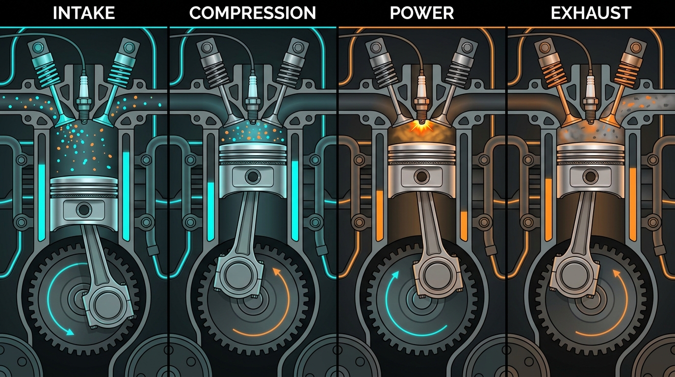 Diagram showing all four strokes of the combustion cycle — Intake, Compression, Power, and Exhaust — with labeled pistons, valves, and spark plug inside an engine cylinder