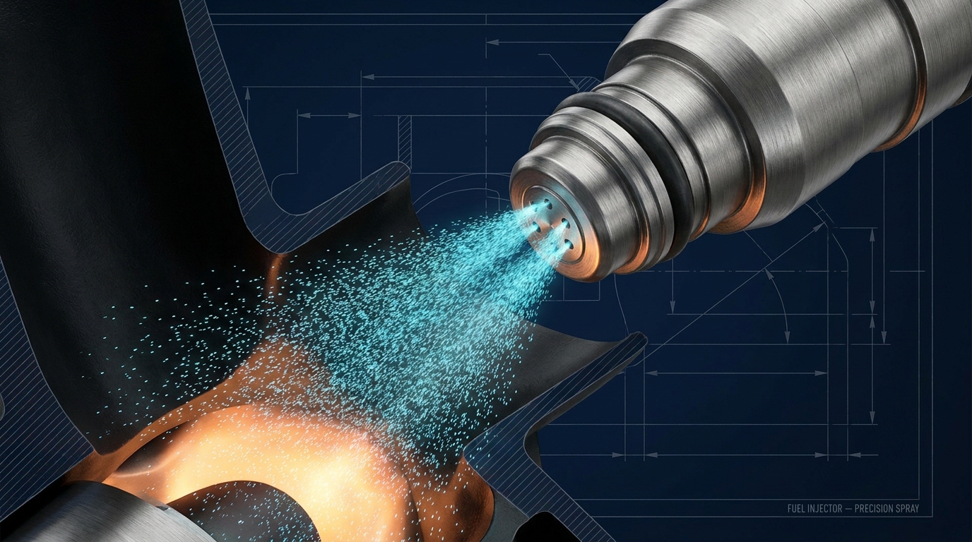 Photorealistic cutaway of a fuel injector spraying a fine cone-shaped mist of fuel into an intake port, with the droplets illuminated against a dark background