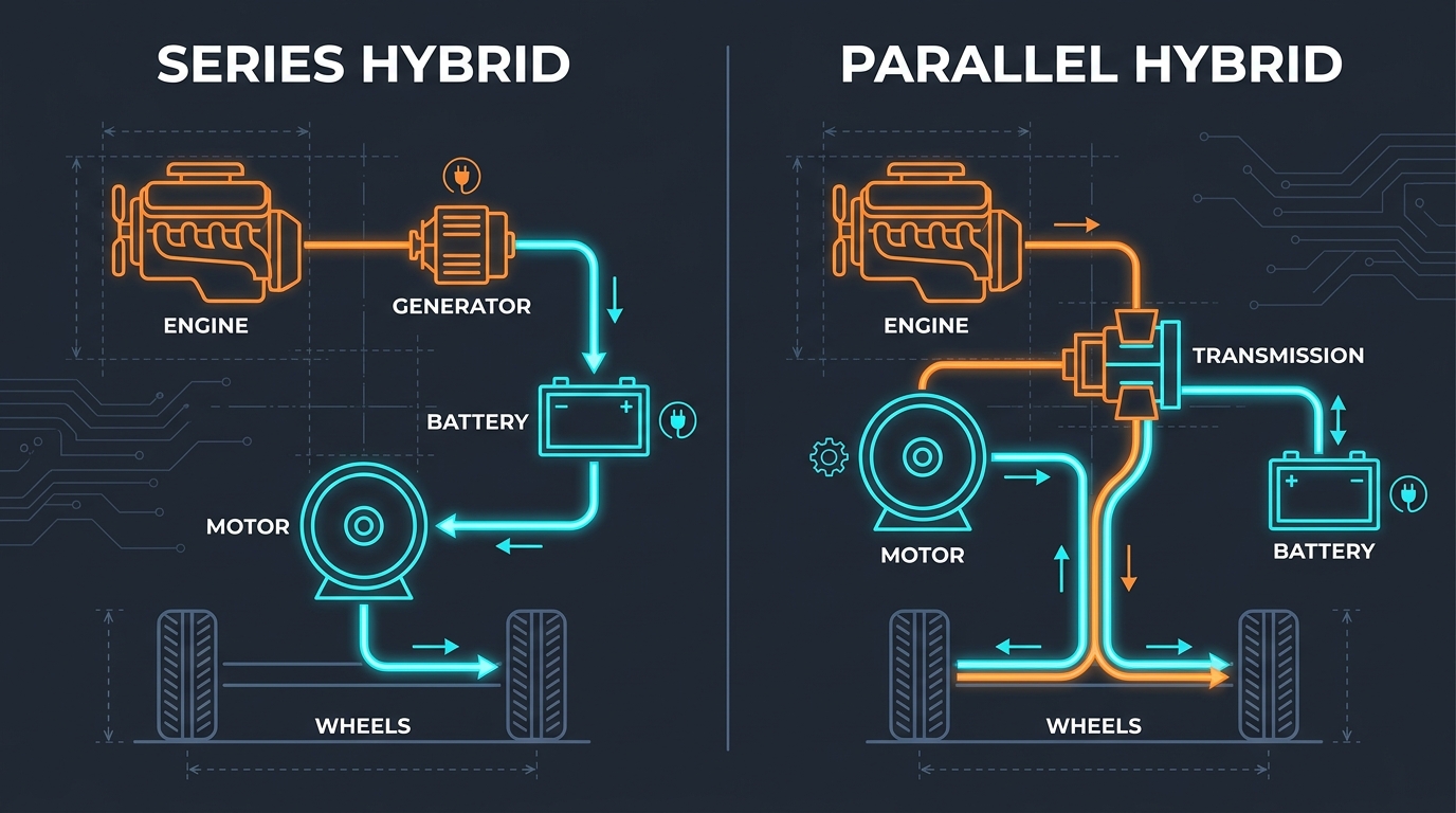 Labeled diagram comparing series and parallel hybrid layouts — in series the engine only drives a generator, while in parallel both the engine and electric motor can drive the wheels