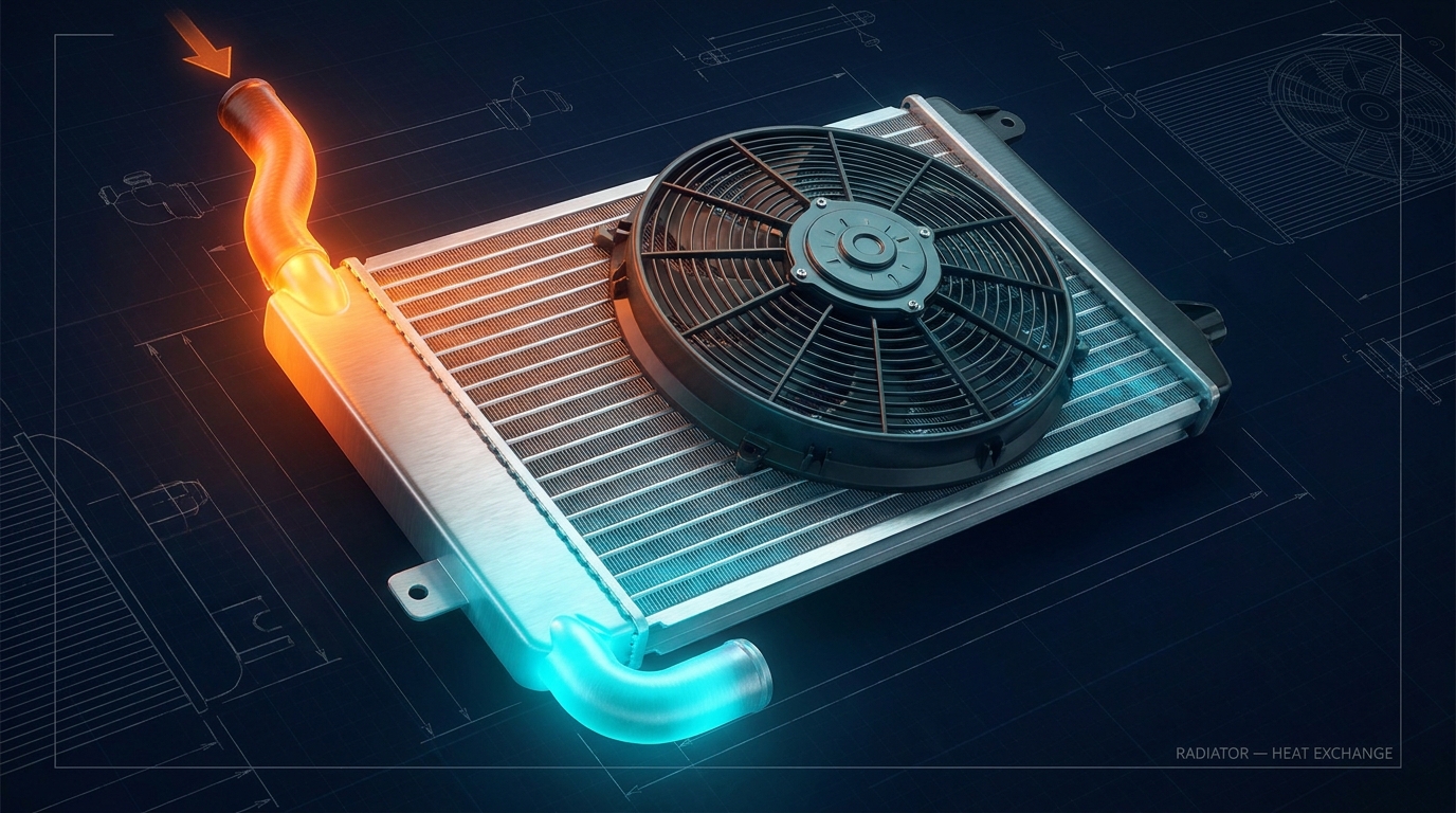 Photorealistic 3D cutaway of a radiator and electric cooling fan, showing hot coolant entering glowing orange and exiting cool blue through the finned tubes