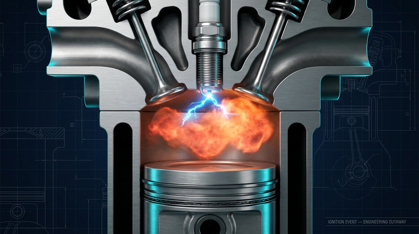 Photorealistic cutaway of a spark plug firing inside a combustion chamber, with a bright electrical arc igniting the compressed air-fuel mixture