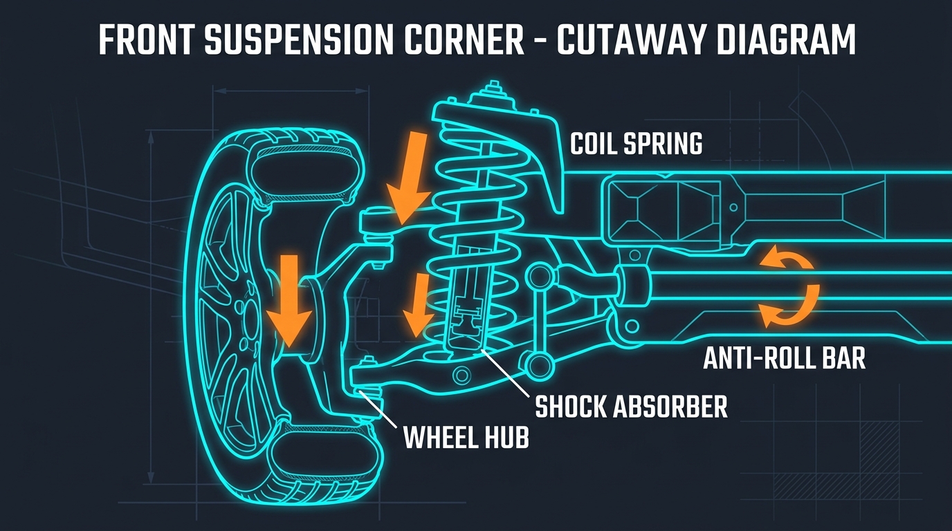Labeled cutaway diagram of a car's suspension corner showing the coil spring, shock absorber, and anti-roll bar connecting to the wheel