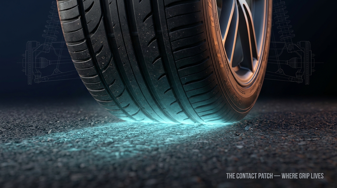 Photorealistic close-up of a tire's contact patch against the road surface, with the flattened area of rubber highlighted with a subtle glow