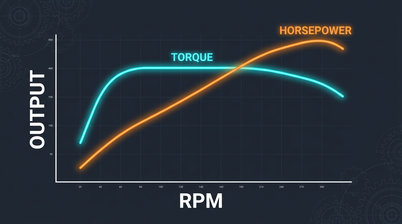 Technical graph-style illustration of torque and horsepower curves plotted against engine RPM on a dark dyno chart, with the curves glowing in cyan and orange