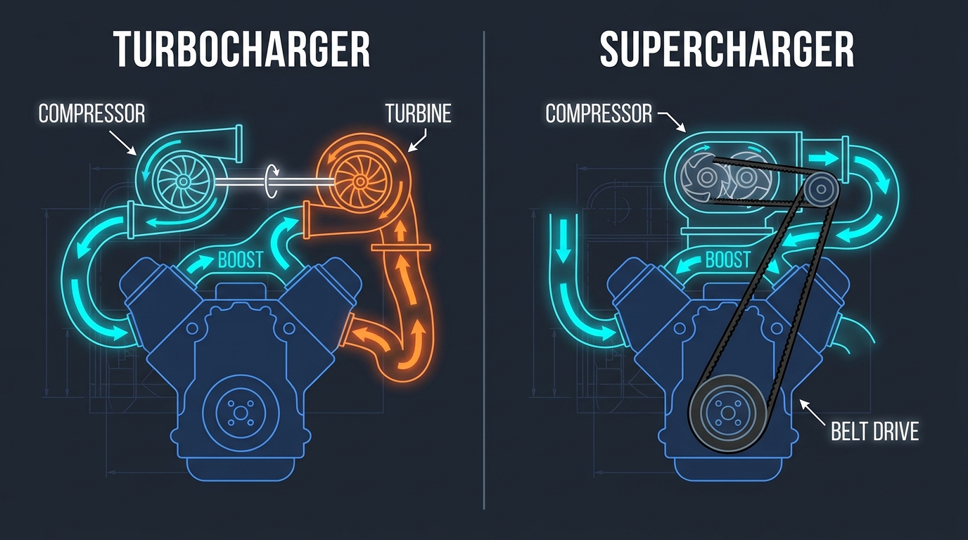 Labeled comparison diagram of forced induction — a turbocharger driven by exhaust gases versus a supercharger driven by a belt from the crankshaft