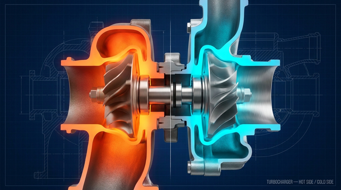 Photorealistic 3D cutaway of a turbocharger showing the exhaust turbine glowing orange on one side and the cool intake compressor wheel in blue on the other, joined by a single shaft