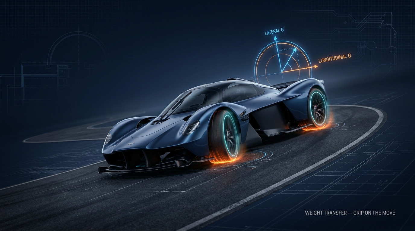Photorealistic dramatic shot of a sports car mid-corner showing body roll and weight loading onto the outside tires, with a glowing friction-circle diagram overlay